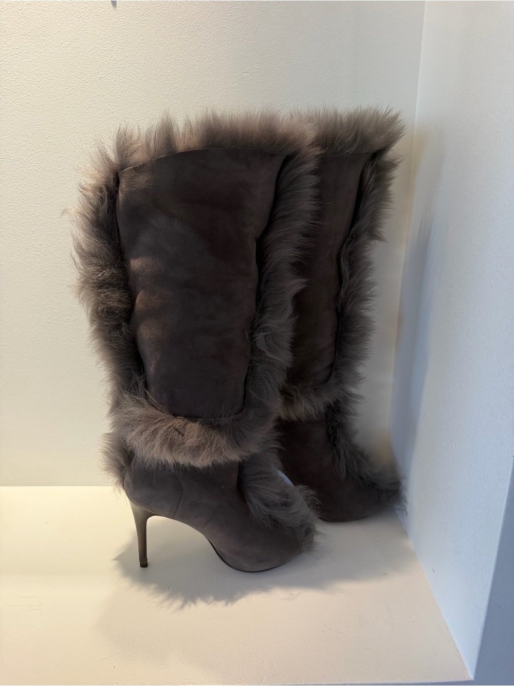 Pedro Garcia Sully Gray Suede Knee-High Fur Heeled Boots Peep Toe